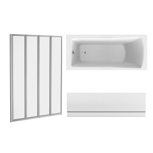 Sawley 1600 x 700mm Straight Bath Single Ended with Front Panel and Chrome Folding Bath Screen
