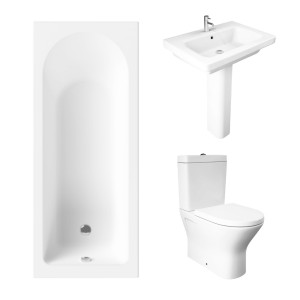 Essentials 1500 x 700mm Straight Bath Single Ended Bathroom Suite with RAK-Resort Mini Close Coupled Closed Back Rimless Toilet and 650mm Full Pedestal Basin - Including Bath Panels
