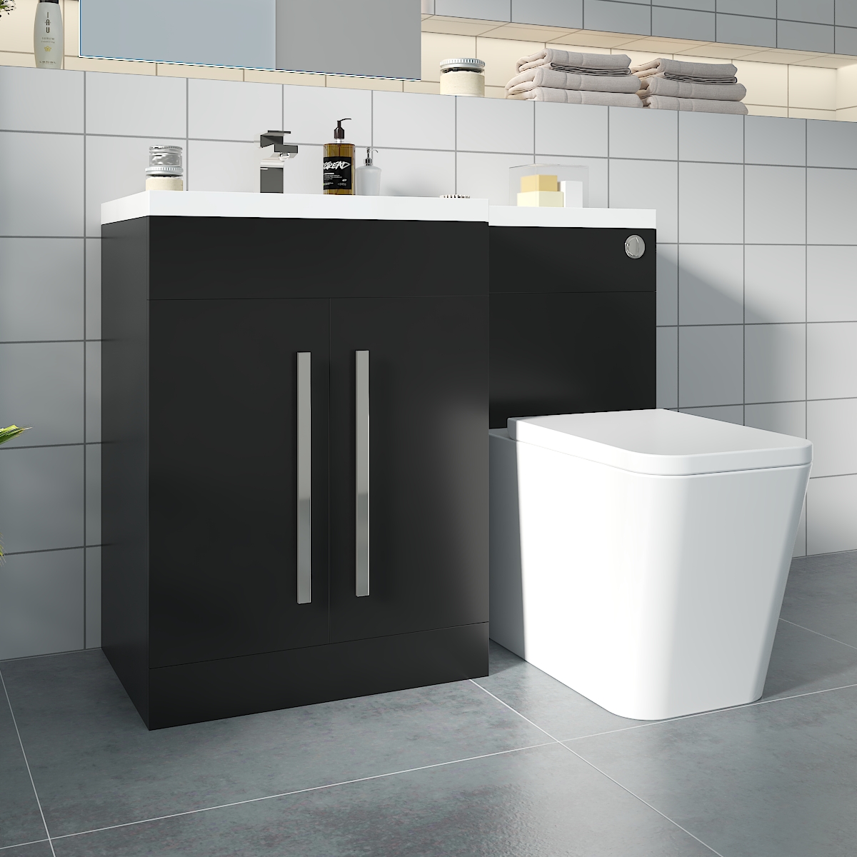 Calm Matt Black Hand Combination Vanity Unit Basin L Shape with Back to Wall Cordoba Square Toilet & Soft Close Seat & Concealed Cistern - 1100mm