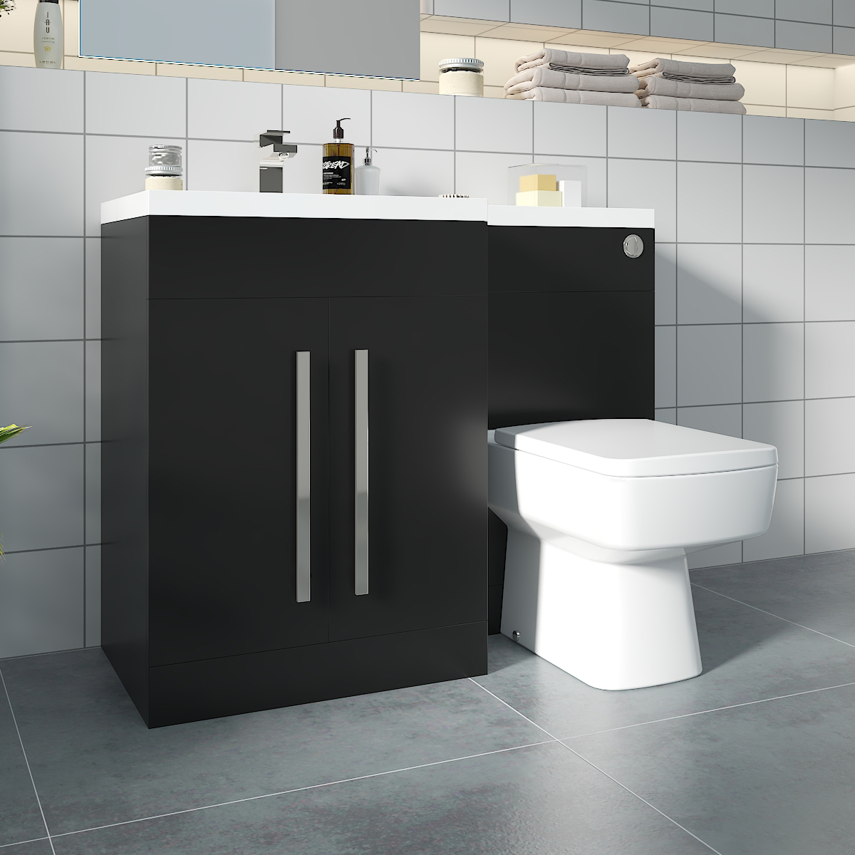 Calm Matt Black Left Hand Combination Vanity Unit Basin L Shape with Back to Wall Boston Toilet & Soft Close Seat & Concealed Cistern - 1100mm