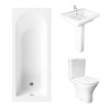 Essentials 1600 x 700mm Straight Bath Single Ended Bathroom Suite with RAK-Resort Mini Close Coupled Open Back Rimless Toilet and 550mm Full Pedestal Basin-With Front Bath Panel