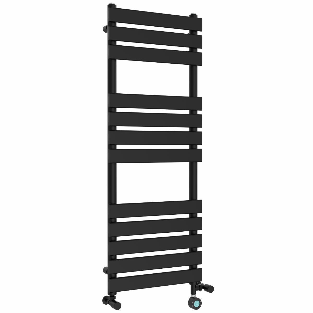 Juva 1200 x 450mm Dual Fuel Satin Black Flat Panel Thermostatic Touch Control Wifi Electric Heated Towel Rail