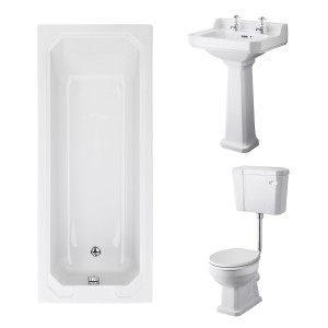 Wellington Low Level Comfort Height Toilet with White Seat & 560mm 2 Tap Hole Basin with 1700 x 700mm Traditional Straight Bath Single Ended