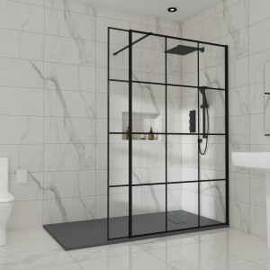 Wasdale 1400mm Wet Room Screen with 200mm Hinged Wet Room Return Screen - Black Grid