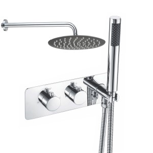 Thurso Chrome Round Twin Diverter with Built in Hand Shower and 200mm Round Shower Head and Ceiling Arm (2 Outlet)