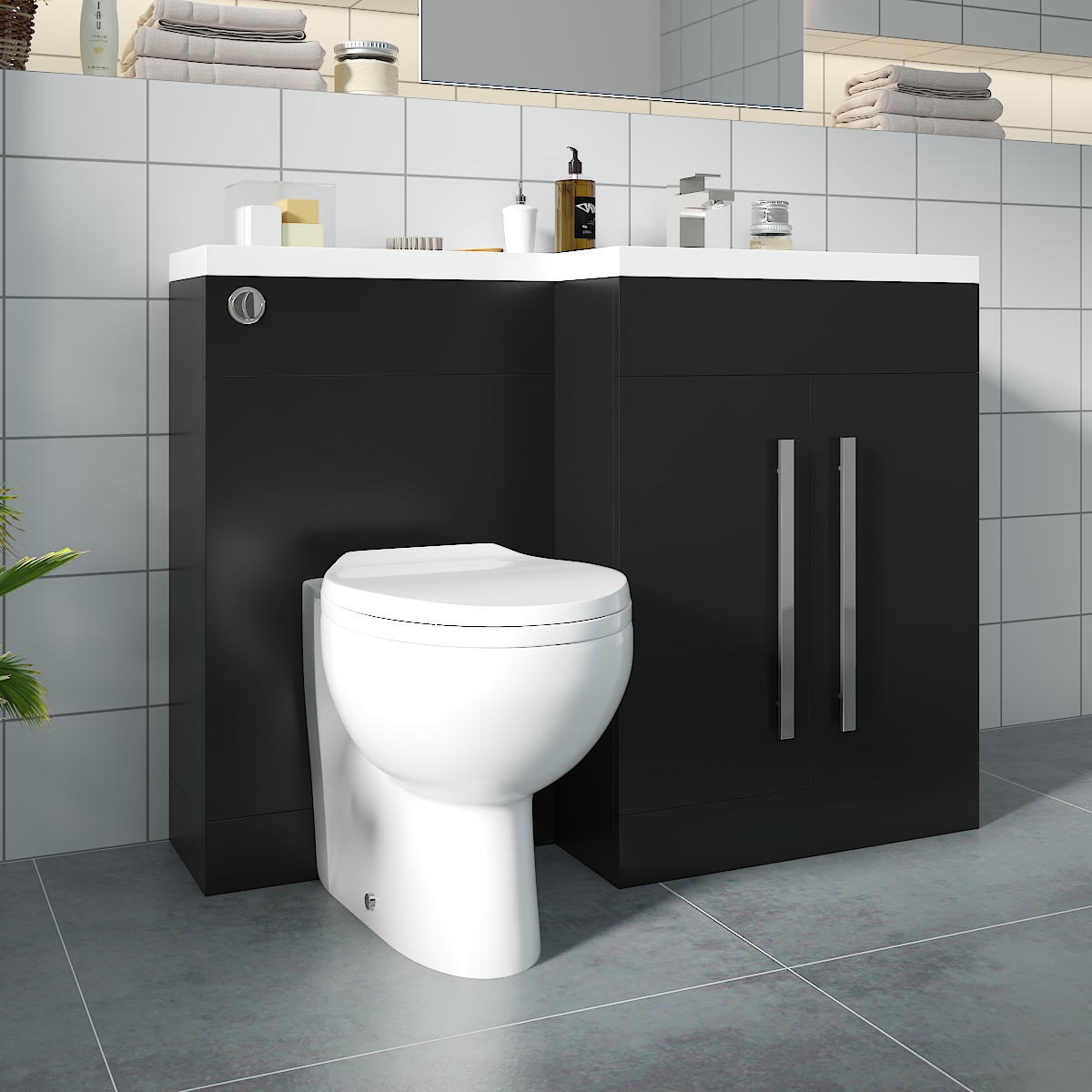 Calm Matt Black Right Hand Combination Vanity Unit Basin L Shape with Back to Wall Splash Toilet & Soft Close Seat & Concealed Cistern - 1100mm