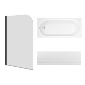 Rivington 1600 x 700mm Straight Bath Single Ended with Front Panel and Round Black Bath Screen