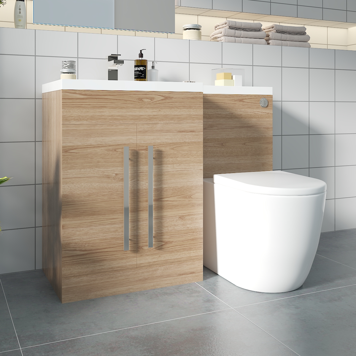 Calm Light Oak Left Hand Combination Vanity Unit Basin L Shape with Back to Wall Cordoba Toilet & Soft Close Seat & Concealed Cistern - 1100mm