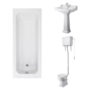 Wellington High Level Comfort Height Toilet with White Seat & 560mm 1 Tap Hole Basin with 1700 x 700mm Traditional Straight Bath Single Ended