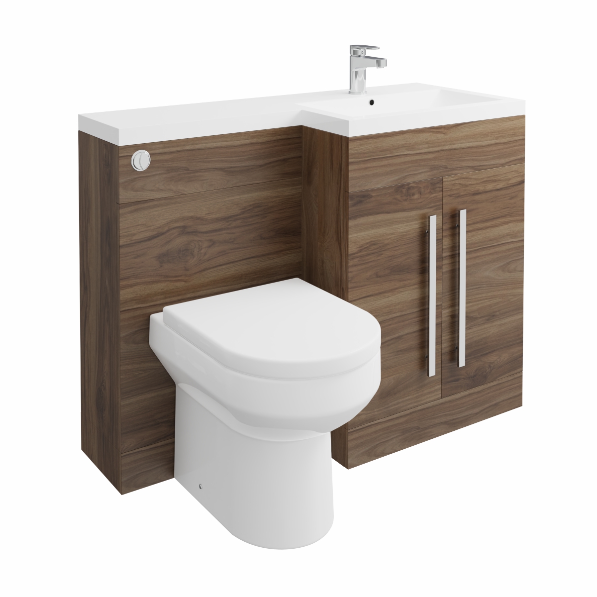 Calm Walnut Right Hand Combination Vanity Unit Basin L Shape with Back to Wall Calgary Toilet & Soft Close Seat & Concealed Cistern - 1100mm