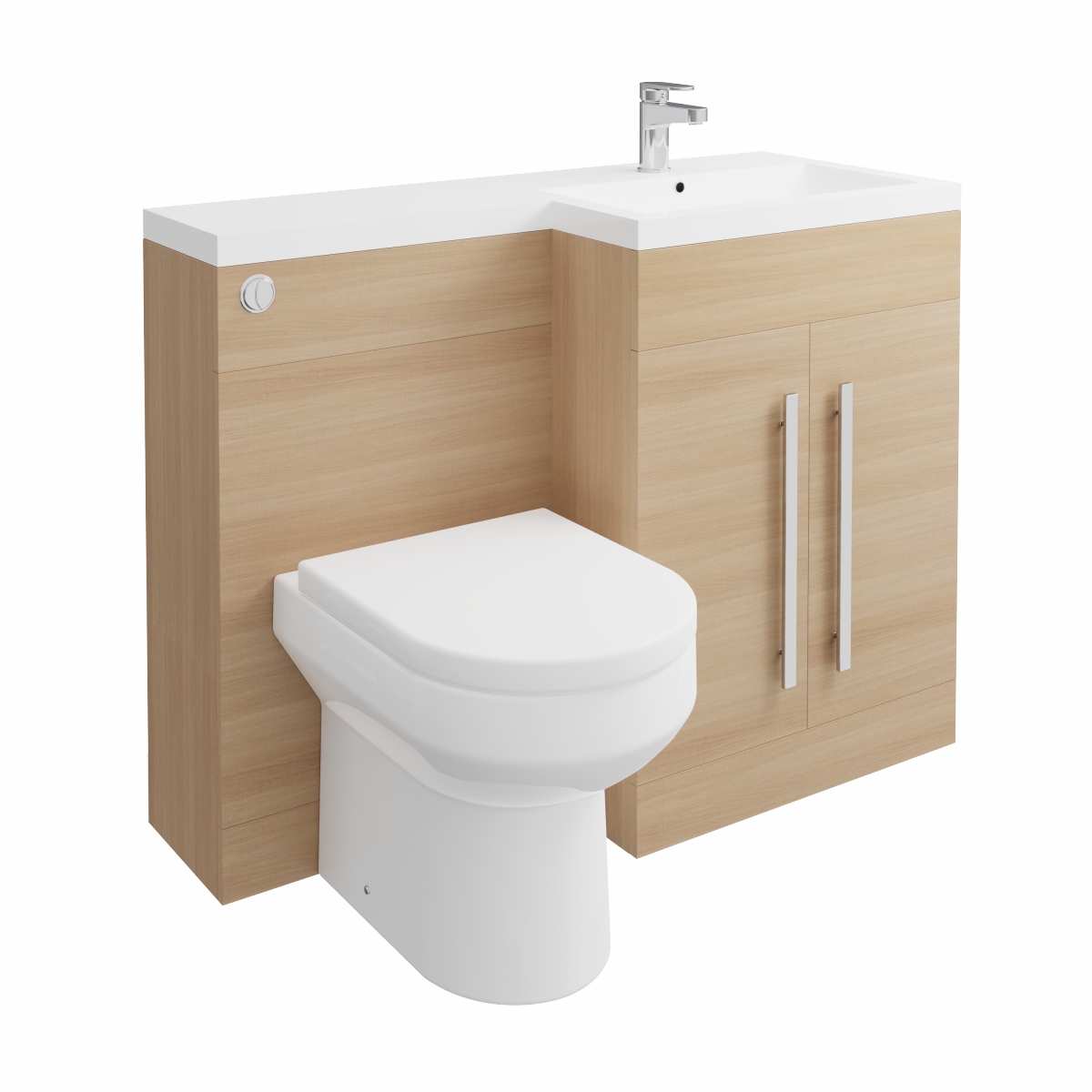 Calm Light Oak Right Hand Combination Vanity Unit Basin L Shape with Back to Wall Calgary Toilet & Soft Close Seat & Concealed Cistern - 1100mm