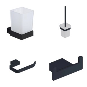 Gala Matt Black 4-Piece Bathroom Accessory Pack - Tumbler, Paper Holder, Robe Hook & Toilet Brush Set