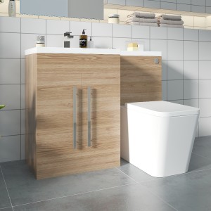 Calm Light Oak Left Hand Combination Vanity Unit Basin L Shape with Back to Wall Cordoba Square Toilet & Soft Close Seat & Concealed Cistern - 1100mm