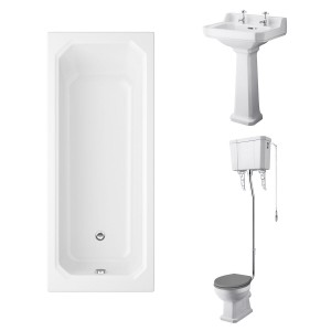 Wellington High Level Comfort Height Toilet with Grey Seat & 560mm 2 Tap Hole Basin with 1700 x 750mm Traditional Straight Bath Single Ended