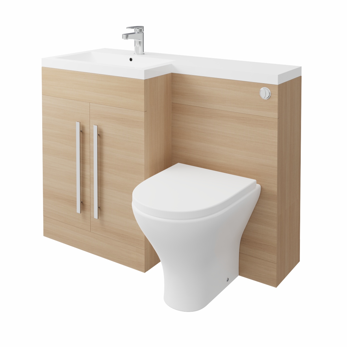 Calm Light Oak Left Hand Combination Vanity Unit Basin L Shape with Back to Wall Fresh Curved Toilet & Soft Close Seat & Concealed Cistern - 1100mm