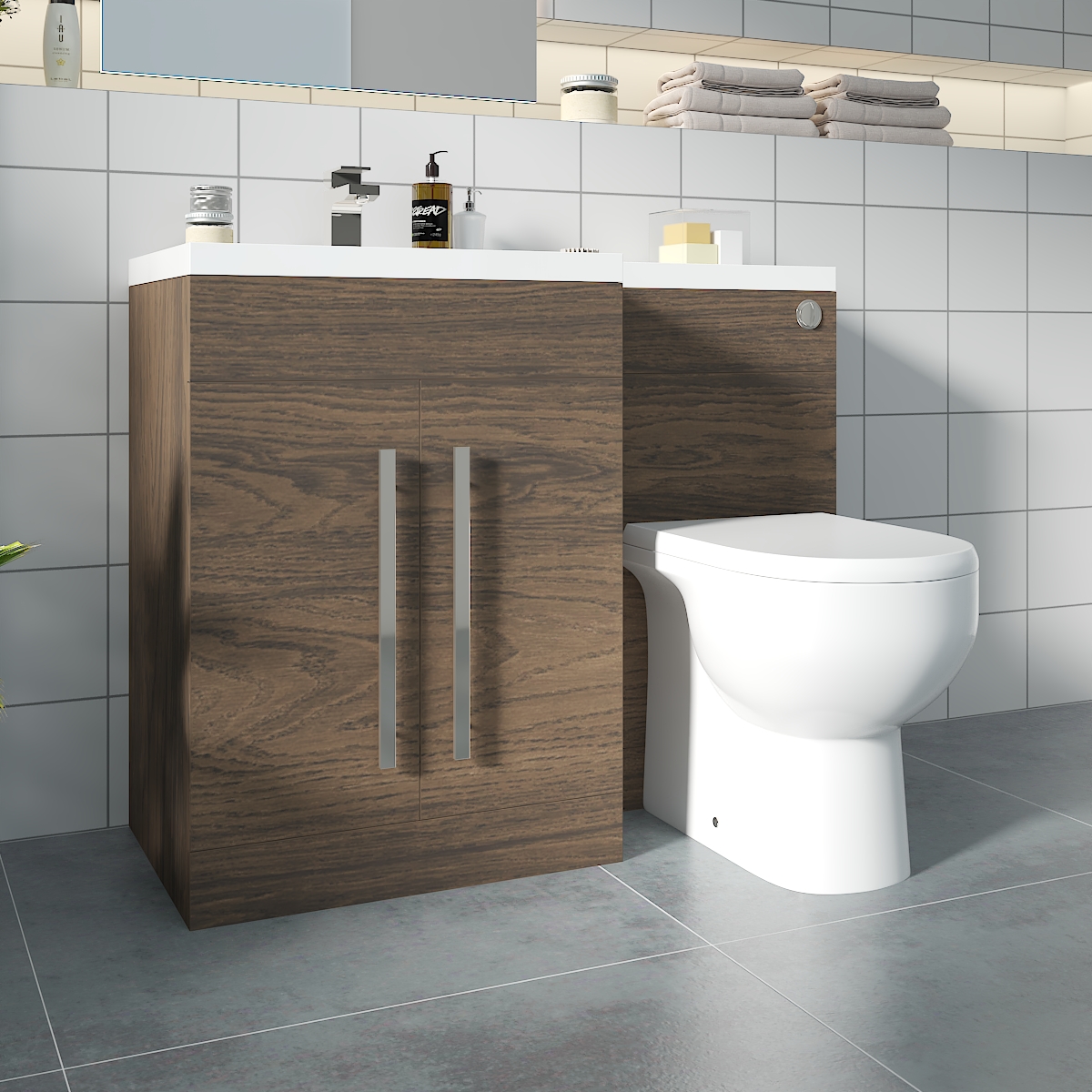Calm Walnut Left Hand Combination Vanity Unit with RAK-Tonique Toilet & Soft Close Seat & Concealed Cistern - 1100mm