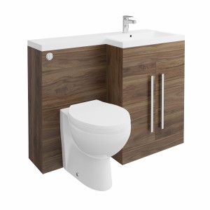 Calm Walnut Right Hand Combination Vanity Unit Basin L Shape with Back to Wall Splash Toilet & Soft Close Seat & Concealed Cistern - 1100mm