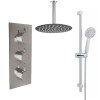 Thurso Chrome Triple Round Handle Concealed Valve Bulit in Diverter with 300mm Round Shower Head, Ceiling Arm and Chrome Riser Rail Kit (3 Outlet)