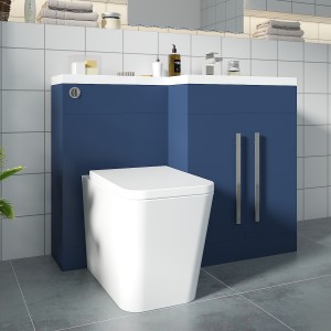 Calm Matt Blue Right Hand Combination Vanity Unit Basin L Shape with Back to Wall Cordoba Square Toilet & Soft Close Seat & Concealed Cistern - 1100mm
