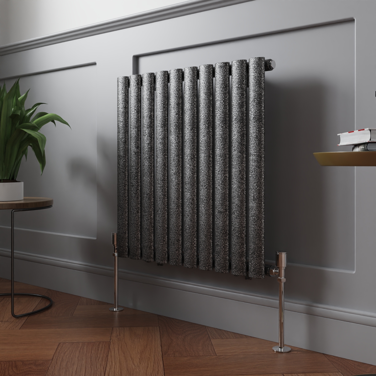 Norden 600 x 591mm Black Silver Single Horizontal Oval Column Designer Radiator