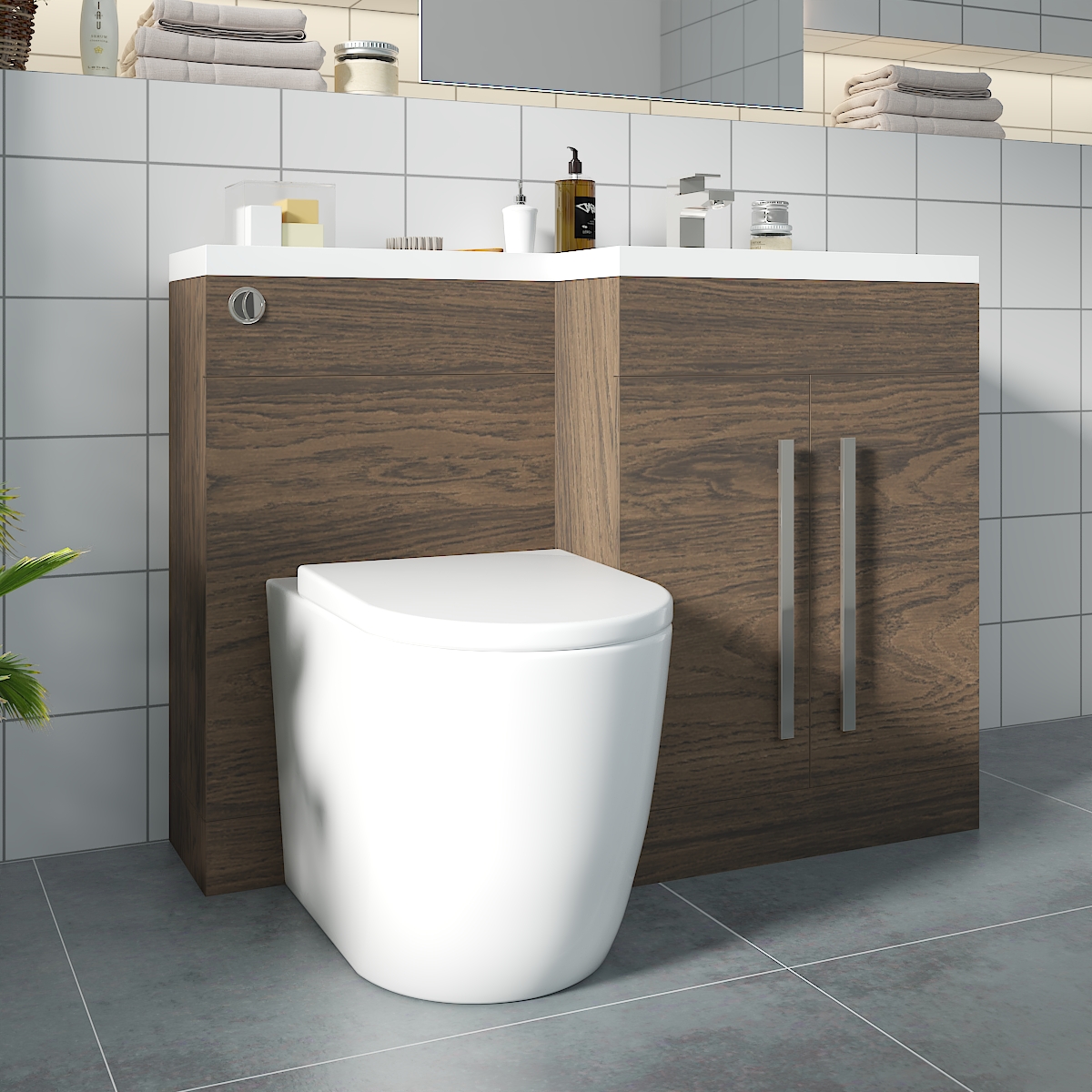 Calm Walnut Right Hand Combination Vanity Unit Basin L Shape with Back to Wall Cordoba Toilet & Soft Close Seat & Concealed Cistern - 1100mm