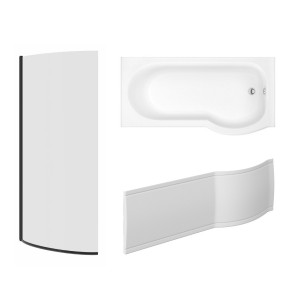 Pendle 1675mm P Shape Shower Bath Right Hand with Front Panel and Matt Black Bath Screen