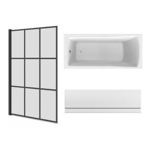 Sawley 1800 x 800mm Straight Bath Single Ended with Front Panel and Square Black Grid Bath Screen