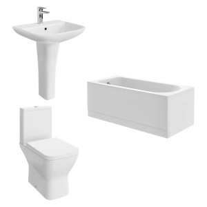 Feel Curved Modern Bathroom Suite with Close Coupled Toilet and Essential Single Ended Bath 1500 x 700mm - Front & End Bath Panel Included