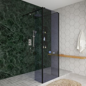 Wasdale 700mm Black Smoked Walk Through Wet Room Screen with 300mm Hinged Return Screens