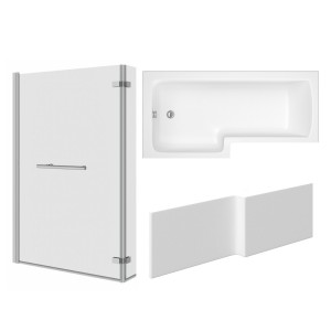 Leyland 1700mm L Shape Shower Bath Left Hand with Front Panel and Chrome L Shape Bath Screen with Hinged Return and Towel Rail