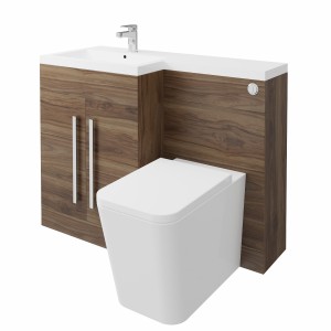 Calm Walnut Left Hand Combination Vanity Unit Basin L Shape with Back to Wall Cordoba Square Toilet & Soft Close Seat & Concealed Cistern - 1100mm