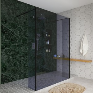 Wasdale 1400mm Black Smoked Walk Through Wet Room Screen with 300mm Hinged Return Screens