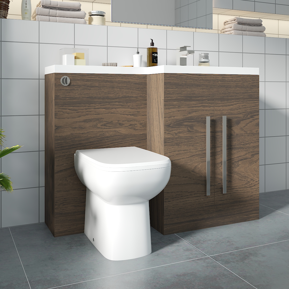 Calm Walnut Right Hand Combination Vanity Unit with RAK-Origin Toilet & Soft Close Seat & Concealed Cistern - 1100mm