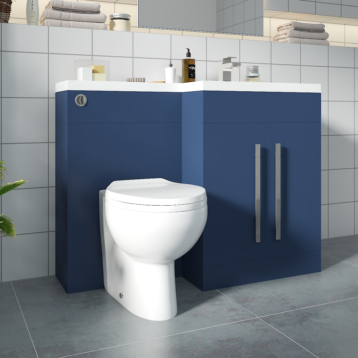 Calm Matt Blue Right Hand Combination Vanity Unit Basin L Shape with Back to Wall Splash Toilet & Soft Close Seat & Concealed Cistern - 1100mm