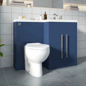 Calm Matt Blue Right Hand Combination Vanity Unit Basin L Shape with Back to Wall Splash Toilet & Soft Close Seat & Concealed Cistern - 1100mm