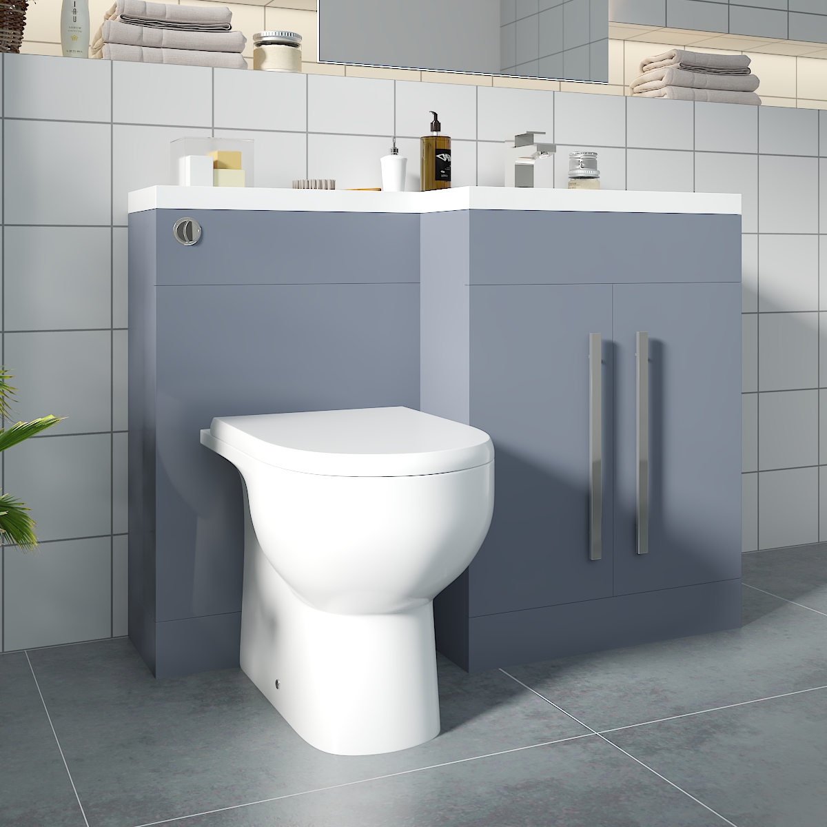 Calm Gloss Grey Right Hand Combination Vanity Unit Basin L Shape with Back to Wall RAK Tonique Toilet & Soft Close Seat & Concealed Cistern - 1100mm
