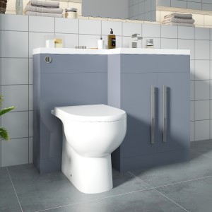 Calm Gloss Grey Right Hand Combination Vanity Unit Basin L Shape with Back to Wall RAK Tonique Toilet & Soft Close Seat & Concealed Cistern - 1100mm