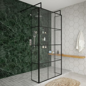 Wasdale 1000mm Black Grid Walk Through Wet Room Screen with 300mm Hinged Return Screens & L- Shape Support Arms