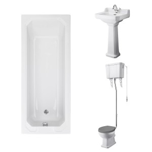 Wellington High Level Comfort Height Toilet with Grey Seat & 500mm 1 Tap Hole Basin with 1700 x 700mm Traditional Straight Bath Single Ended