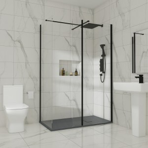 Wasdale 900mm Wet Room Screen, 760mm Wet Room Screen with 300mm Wet Room Return Screen - Black