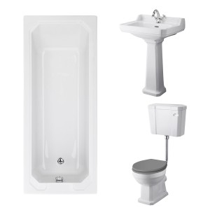 Wellington Low Level Toilet with Grey Seat & 560mm 1 Tap Hole Basin with 1700 x 700mm Traditional Straight Bath Single Ended