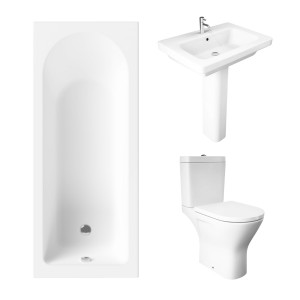 Essentials 1600 x 700mm Straight Bath Single Ended Bathroom Suite with RAK-Resort Maxi Close Coupled Open Back Rimless Toilet and 650mm Full Pedestal Basin