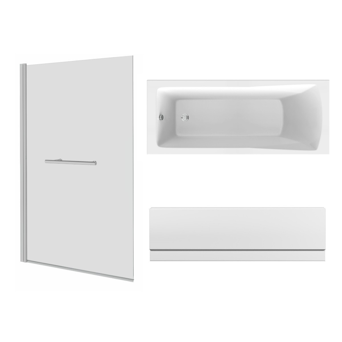 Sawley 1700 x 700mm Straight Bath Single Ended with Front Panel and Square Chrome Bath Screen with Towel Rail