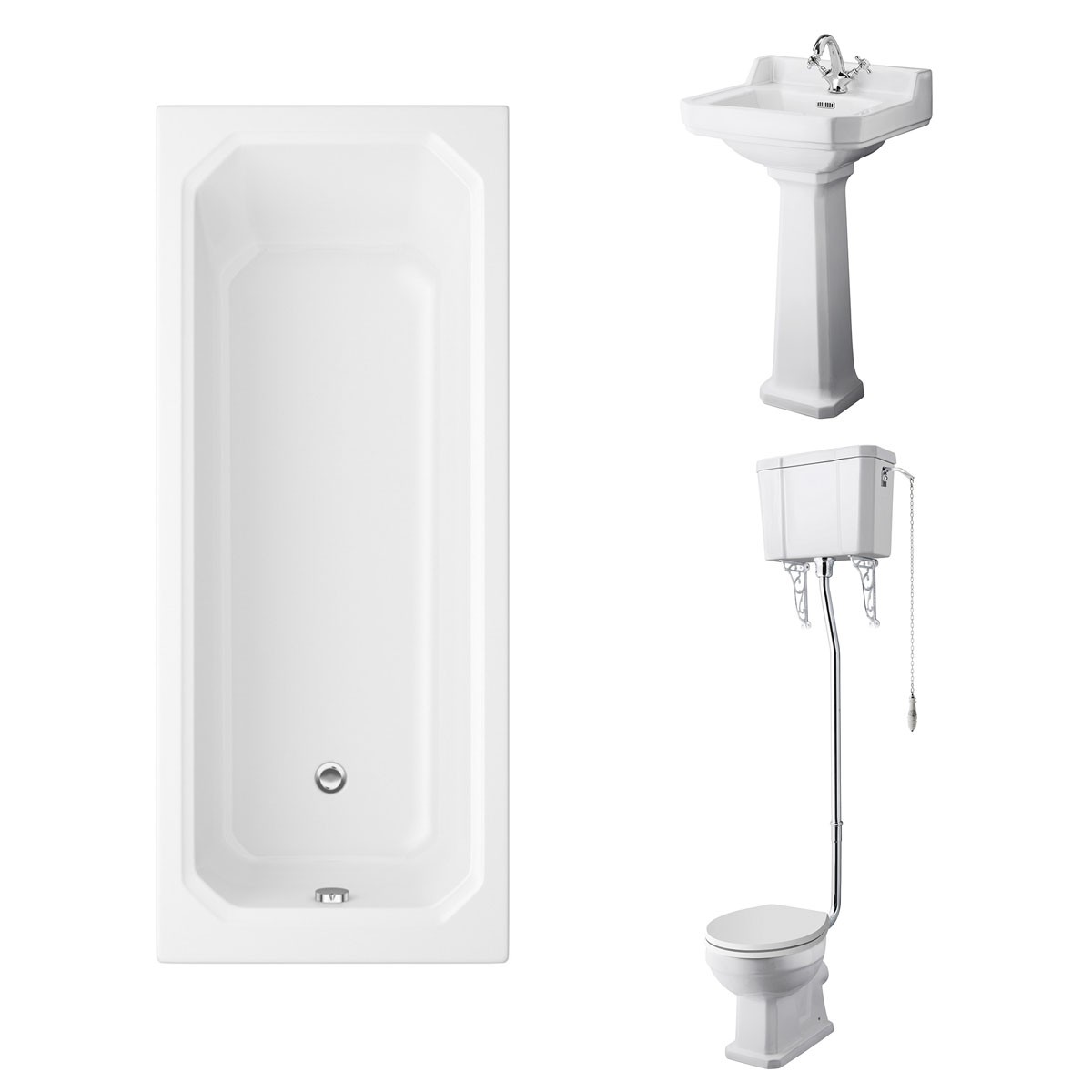 Wellington High Level Toilet with White Seat & 500mm 1 Tap Hole Basin with 1700 x 750mm Traditional Straight Bath Single Ended