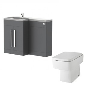 Calm Gloss Grey Left Hand Combination Vanity Unit Basin L Shape with Back to Wall Boston Toilet &amp; Soft Close Seat &amp; Concealed Cistern - 1100mm