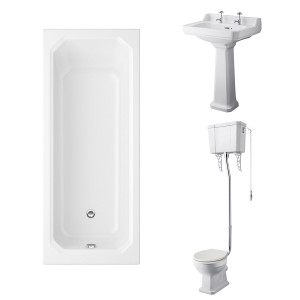 Wellington High Level Comfort Height Toilet with Sand Seat & 600mm 2 Tap Hole Basin with 1700 x 750mm Traditional Straight Bath Single Ended