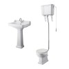 Wellington High Level Comfort Height Toilet with Sand Seat & 600mm 1 Tap Hole Basin Cloakroom Suite