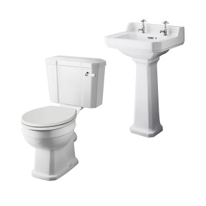 Wellington Close Coupled Comfort Height Toilet with Sand Seat & 500mm 2 Tap Hole Basin Cloakroom Suite