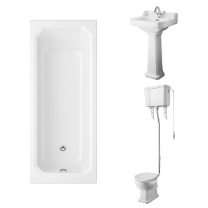 Wellington High Level Comfort Height Toilet with White Seat & 500mm 1 Tap Hole Basin with 1700 x 750mm Traditional Straight Bath Single Ended