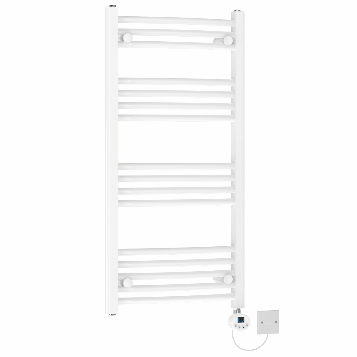 Fjord 1000 x 500mm Curved White Electric Towel Rail with White LCD Display Thermostatic Element